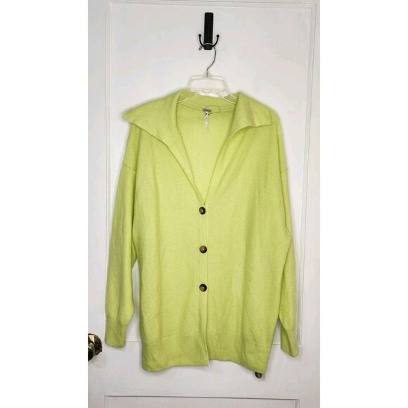 Free People Swim Too Deep Slouchy 100% Cashmere Cardigan Lime Green Yellow Sz S - Picture 1 of 6